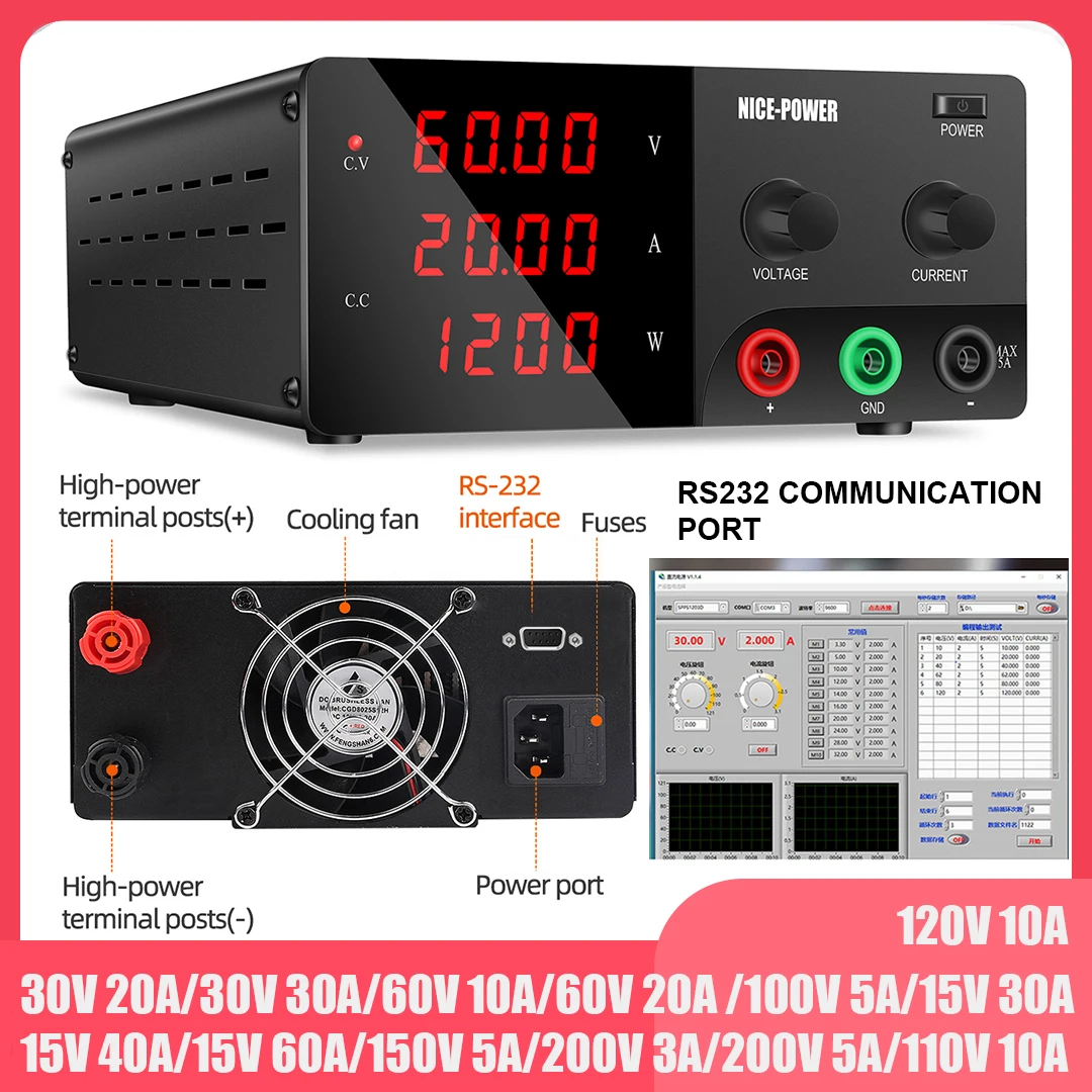 

NICE-POWER 60V 30A Bench Source RS-232 Lab DC Stabilized Power Supply Adjustable Digital Regulated Power Supply 100V5A 30V30A