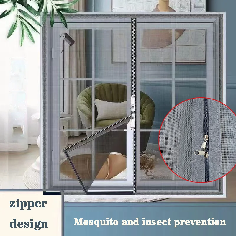 Gray zipper mosquito screen window, household invisible mosquito net, insect proof, self installing without punching holes