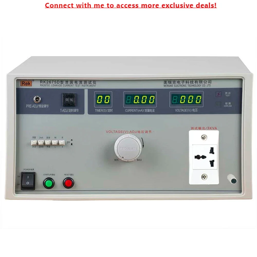 

Rek RK2675D Leakage Current Tester Transformer Capacity 3000VA, Voltage 0-250V, Current 0-20mA, Accuracy 5%