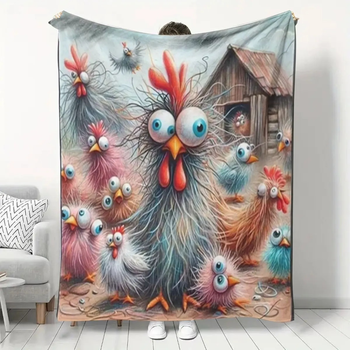 Contemporary Reversible Chicken Print Flannel Fleece Blanket  Throw for Sofa, Home Leisure, Nap, Office Bed, Camping Travel