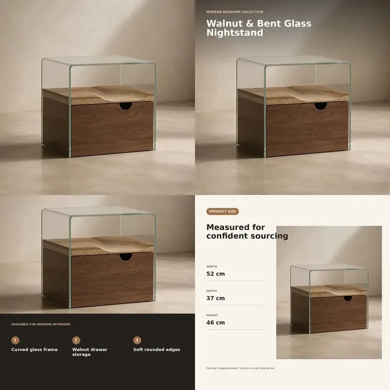 Modern Bedside Table with Drawers Curved Glass U-Shaped Solid Wood Oak Walnut Nightstand Simple Luxury Bedroom Furniture