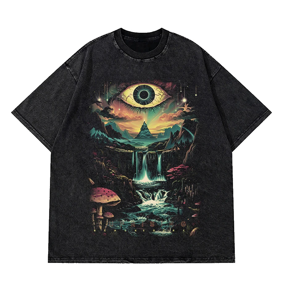 Retro Trippy Mushroom Eye T-shirt Men Women Washed Black Oversized Tee Casual Streetwear Psychedelic Graphic Tops Short Sleeve