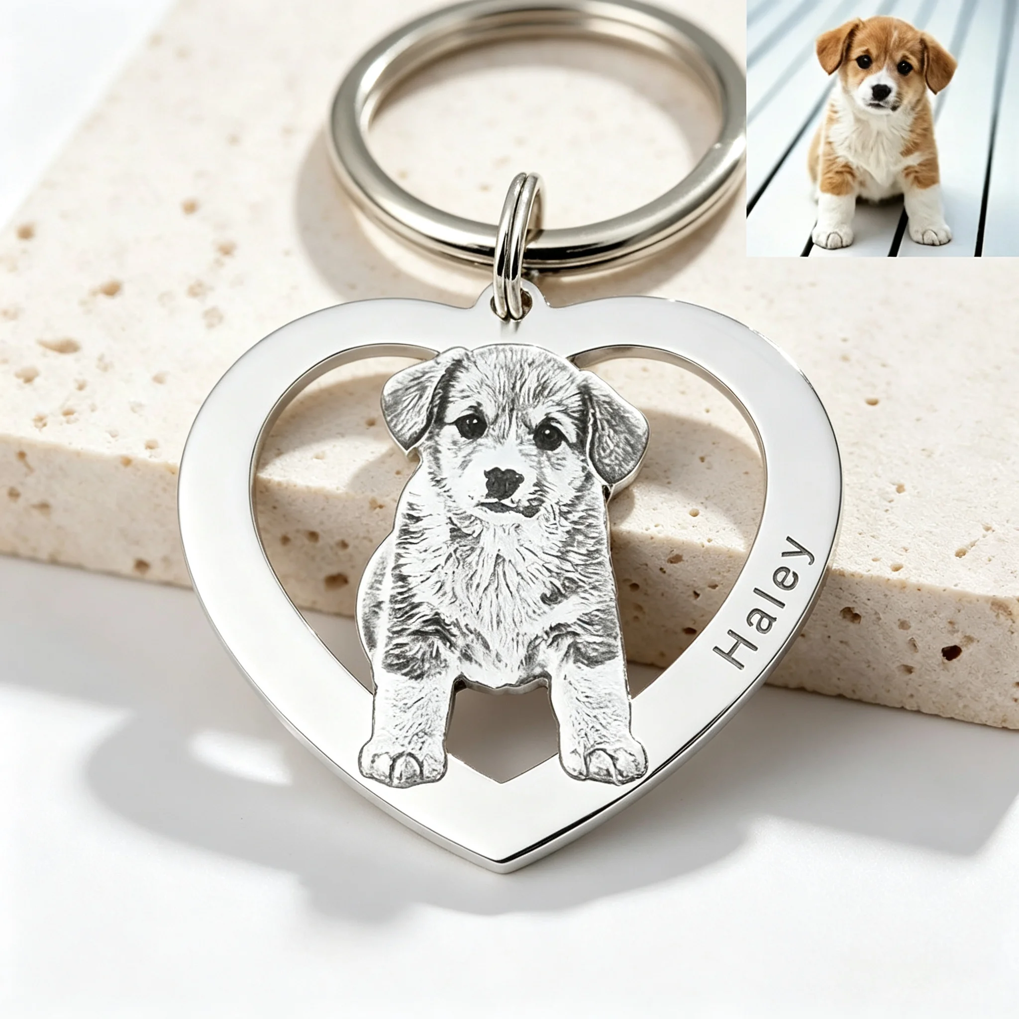 Hollow Heart Stainless Steel Custom Photo Keychain Personalized Engrave Pet Portrait Name Date Key Ring Pet Couple Memorial Gift