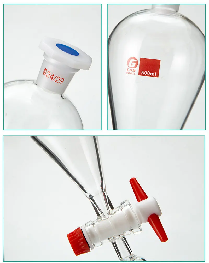 30 ml 60 ml 125 ml 250 ml 500 ml 1000 ml Oddzielny lejek ze szkła borokrzemowego o wysokiej zawartości boru w kształcie gruszki z kranikiem PTFE/szkła do użytku laboratoryjnego — zdjęcie produktu 5