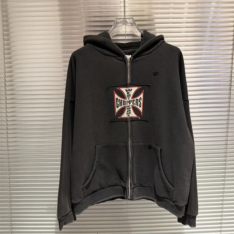 

Мужская и женская куртка на молнии с треснутым узором и принтом, винтажная потертая черная куртка High Street с капюшоном на западном побережье