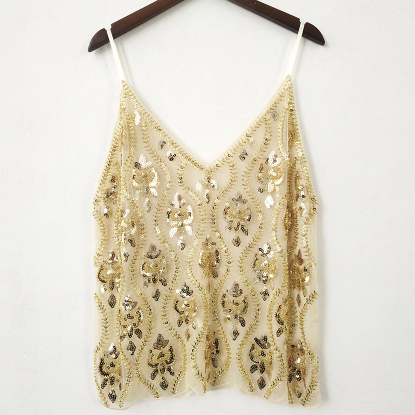 Women's Summer Slim Camisole Sparkly Sequin Spaghetti Strap V-Neck Sheer Mesh Tank Tops Streetwear