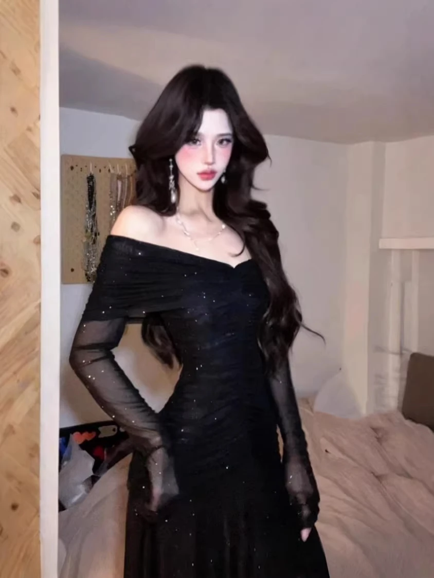 

Elegant Slimming Long Evening Gown Women's Winter Frock V-Neck Sequin Dress Korean Style High Waist A-Line Fish Tail Skirt
