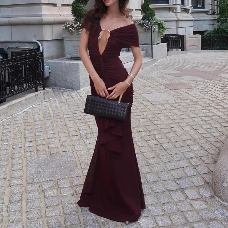 

Summer New Women Commute Dress Sexy Slash Collar Hollow Out Slim Evening Dress Temperament High Waist Solid Color Pleated Dress