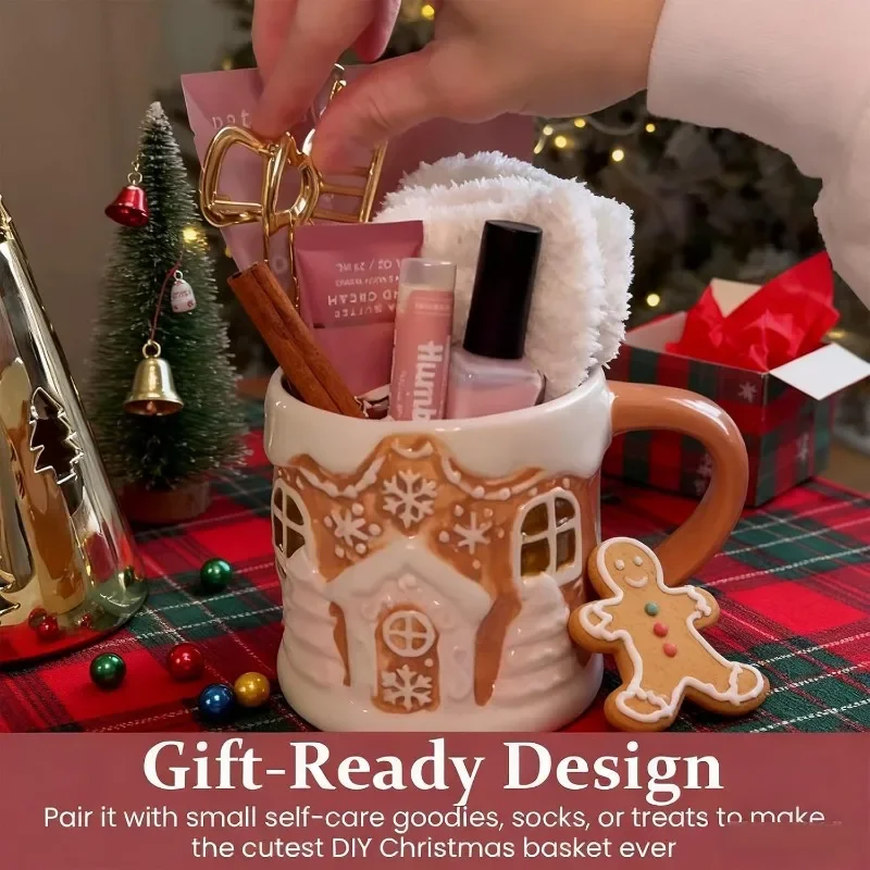 Novelty Gingerbread House Ceramic Coffee Mug, Festive Xmas Tea Cup, Home Kitchen Decor Holiday Present