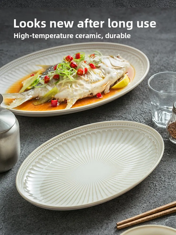 Elegant Ceramic Fish Plate Oval Shape Luxury Feel China Dish for Steamed Fish Home Use New 2026 Model Glazed under Color