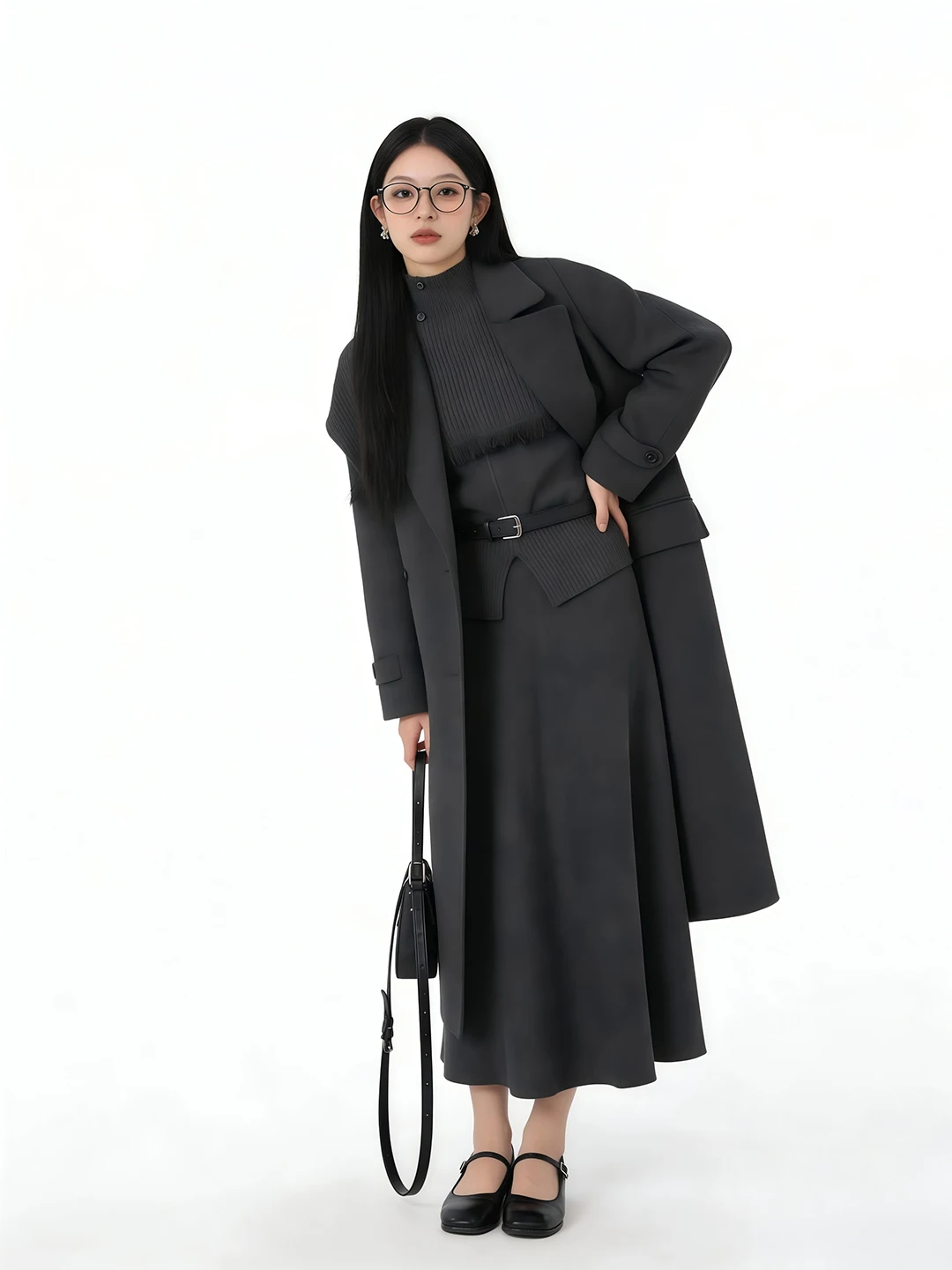 

Корейский вязаный свитер с высоким воротником и бахромой, а также юбка: женский модный комплект для стройнящего зимнего образа