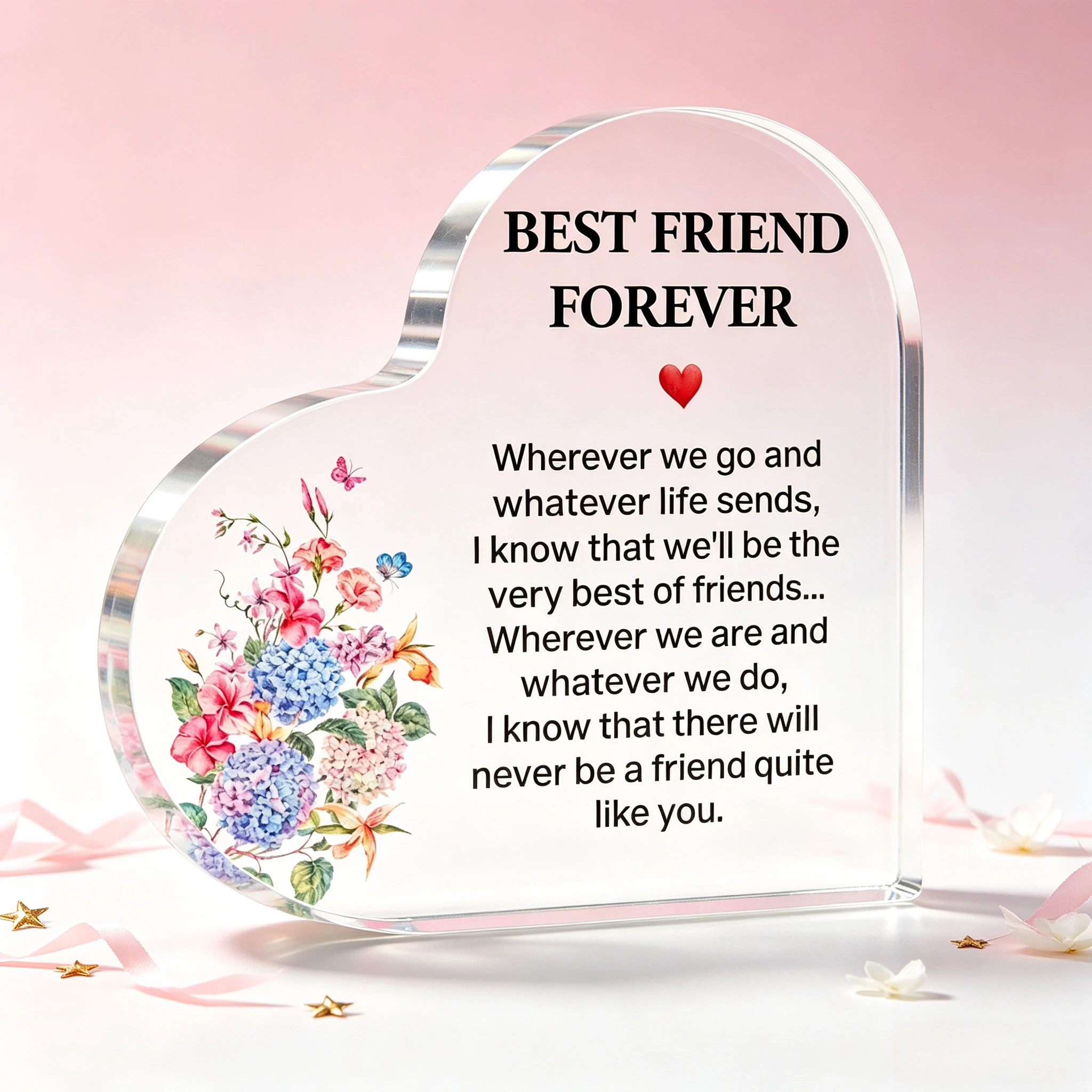 Best Friend Forever Heart‑Shaped Acrylic Tabletop Plaque, Watercolor Hydrangea Floral Butterfly Bestie Desk Keepsake Gift