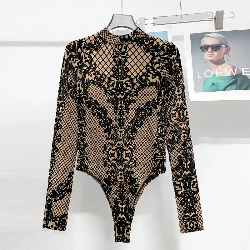 2026 Lace Base Long Sleeve Slim Fit Women's Jumpsuit Underwear T-shirt One-Piece Suit Bottoming Shirt High End Polyester Fiber