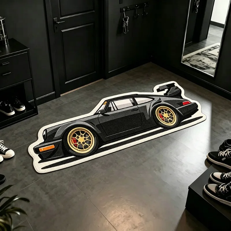 Trendy Stylish Black Sports Car Model Rug Creative Irregular Bedside Carpets Soft Comfortable Floor Mat Home Indoor Decoration