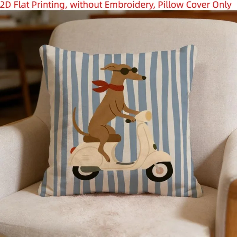 Blue 2D Flat - 1pc, Cute White Stripe & Dachshund-Motorcycle Printed Pillowcase, 2D Flat Printing, Single-Sided Printing, Without Embroidery, Pillow Inserts NOT Included