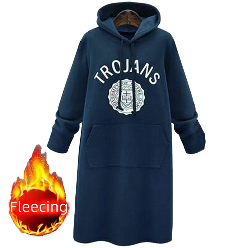 Fleecing Hooded Zip-up Sweatshirts Letter Knee Length Dress Casual Women Streetwear Winter Long Sleeve Sport Y2k Clothes