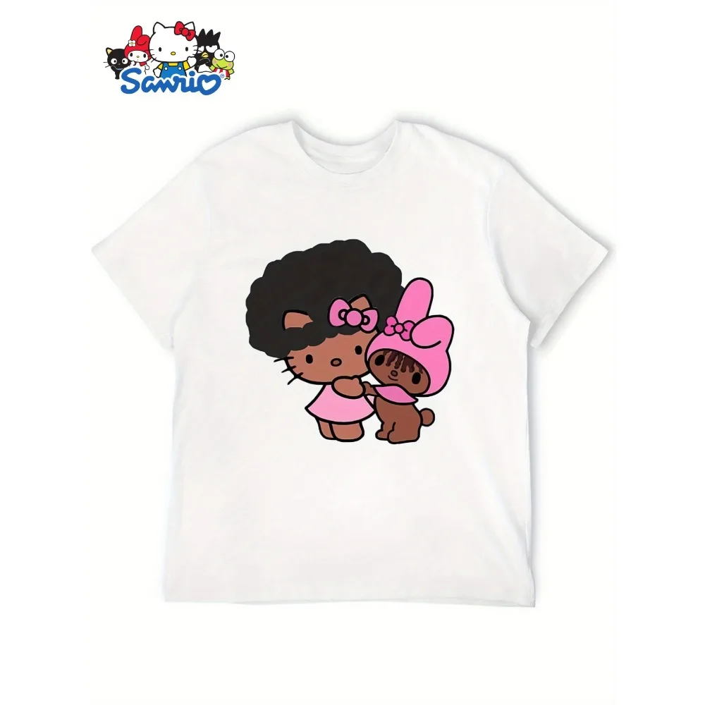 

Miniso Black Skin Hello Kitty T-shirt Sanrio Cotton Women Men Cartoon T-shirt Retro Loose Casual Short Sleeve Hot-selling Top