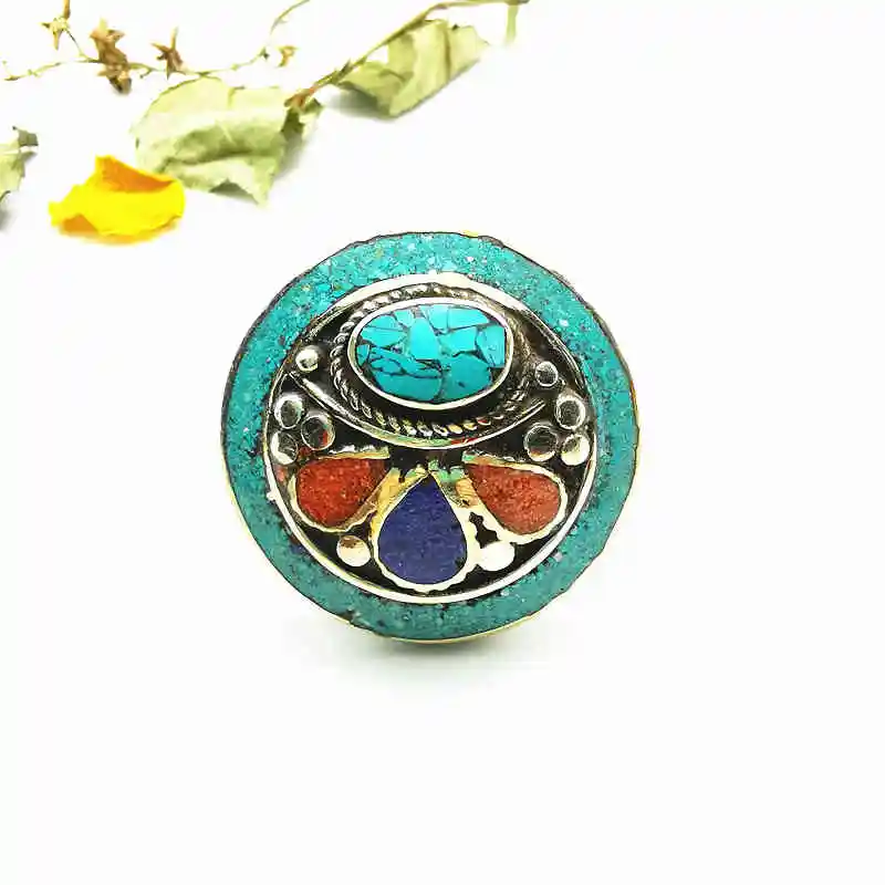 Metal Big Flower Rings Copper Inlay Colorful Stone Open Rings R017