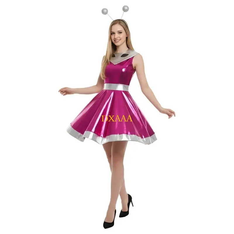 DXAA Halloween Alien Costume Metallic Dress Alien Headband Set Robot Space Outfits