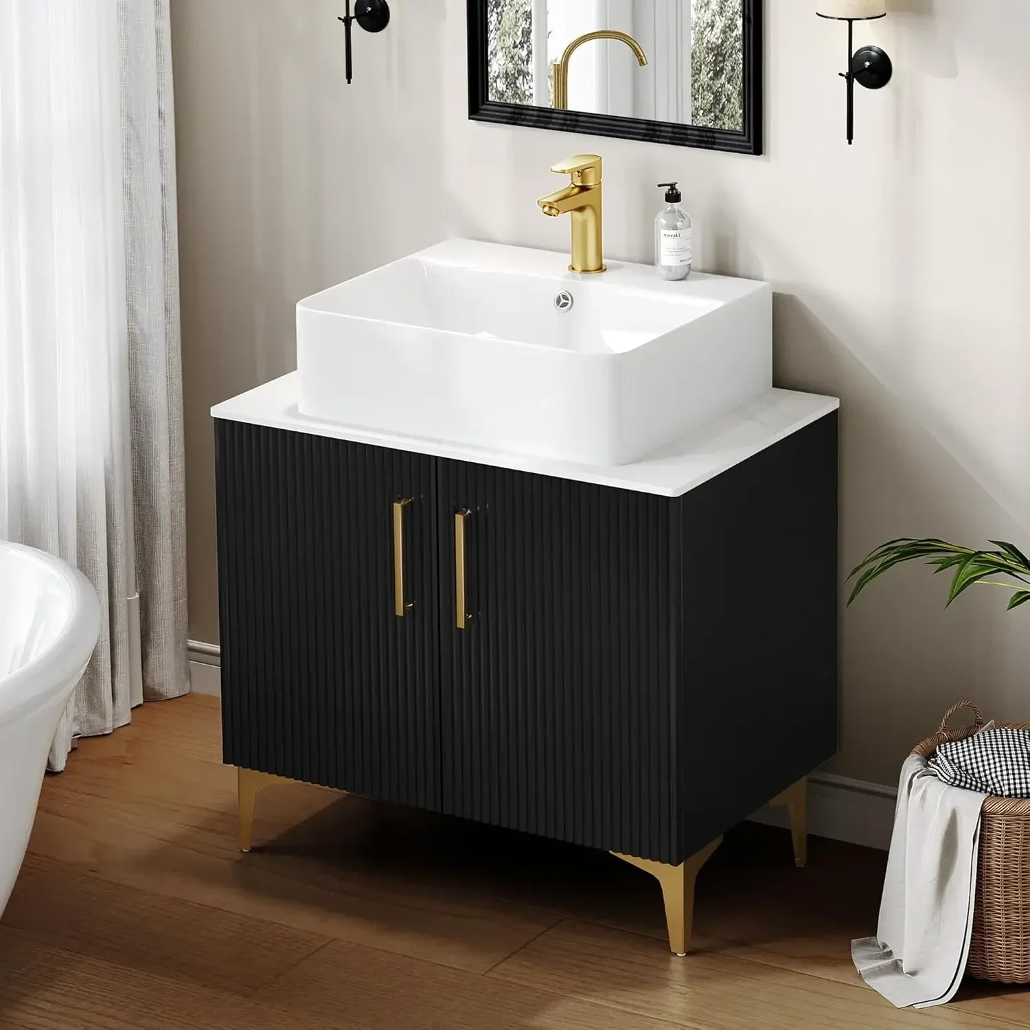 30 Inch Vanity with Countertop, Modern Bathroom Storage Vanity Set, Including Drainage Pipe, Wooden 2 Large Soft Door, Black