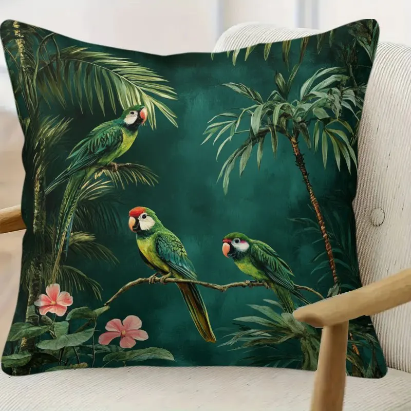 1pc  Decorative Pillowcase Parrot Tropical Plants, Flower Pattern Pillowcase  for Bedroom Living Room Cushion Cover