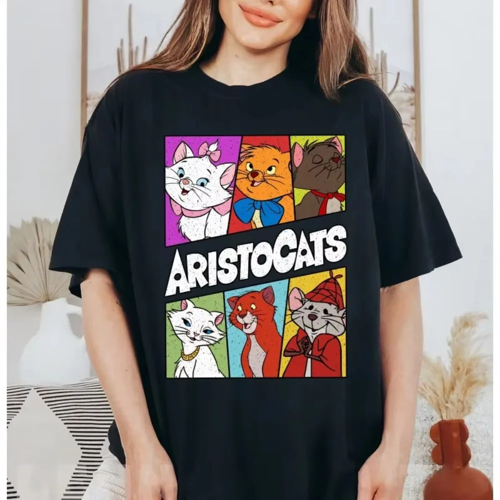

Летняя футболка с принтом Disney Aristocats 2026, модная хлопковая футболка для мужчин и женщин, качественная повседневная свободная футболка с коротким рукавом, классическая унисекс-модель