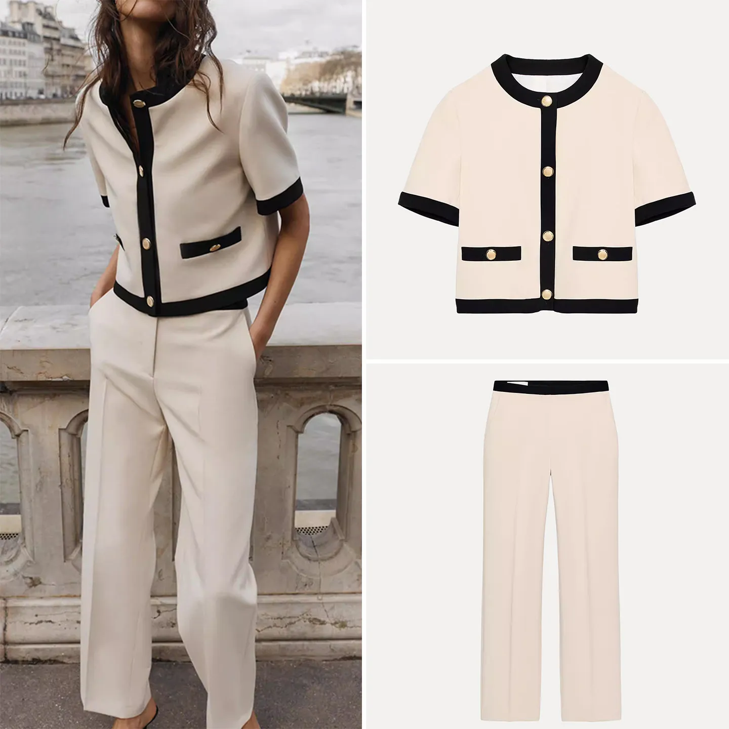 

Spring 2026 Women's Fashion Set High Waist Straight Leg Pants Color Block Coat Short Sleeve round Neck Button up Cardigan