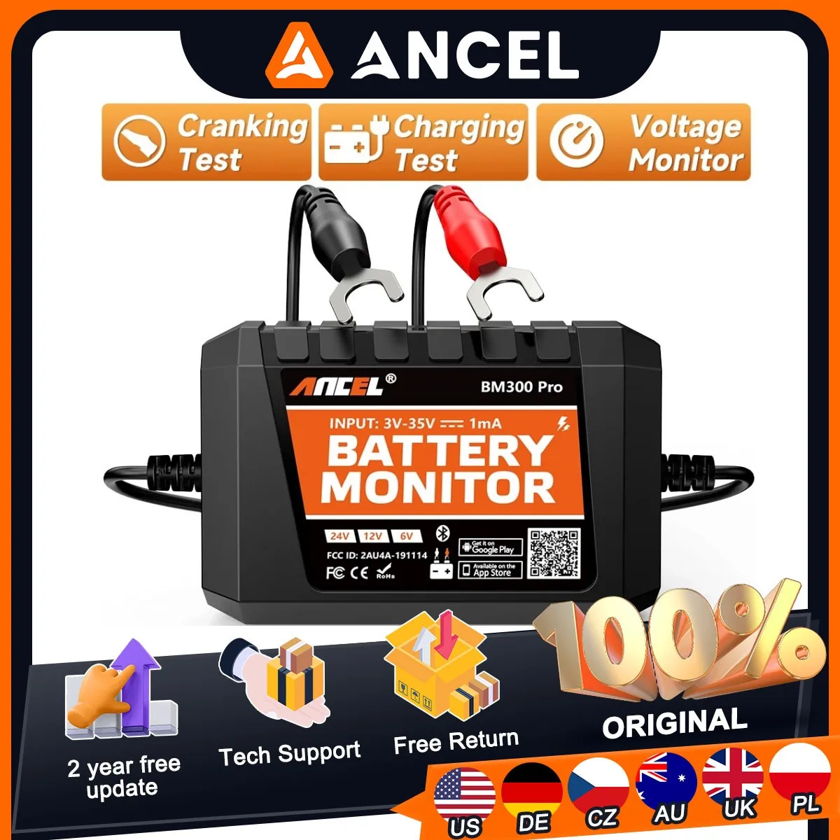 

Тестер монитора батареи ANCEL BM300 Pro для 6 В/12 В/24 В SOC, анализатор здоровья батареи, инструменты для аккумуляторов