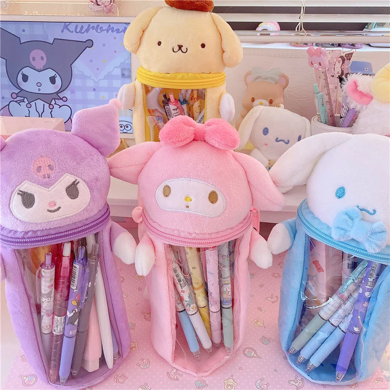 Kawaii Sanrio Plush Pencil Case Cartoon Kuromi My Melody Cinnamoroll Plush Doll Cute Beauty Pen Holder Box Toys for Girls Gift