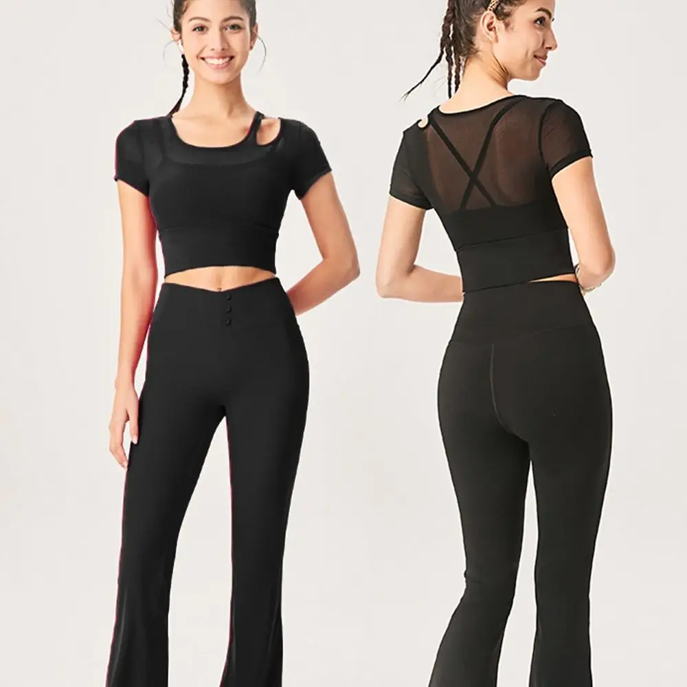 

Running with Sports Bra Yoga Shirt Short-Sleeve Breathable Sports Shirt Hollow Out Mesh Yarn Pilates Top Outdoor Sports