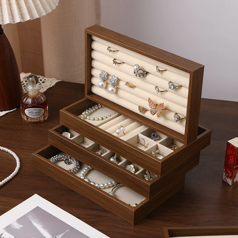 Multi‑Compartment Wood Jewelry Storage Tray Velvet Lining Desktop Jewellery Organizer Box for Rings Earrings Necklaces Bracelets