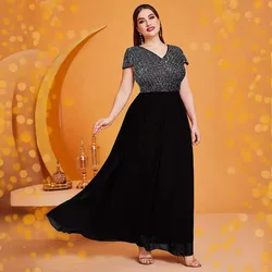 Women Plus Size Party Dresses 2024 New Fashion V-neck Short-sleeved Sequin Dress Fashion Temperament Elegant Evening Dresses