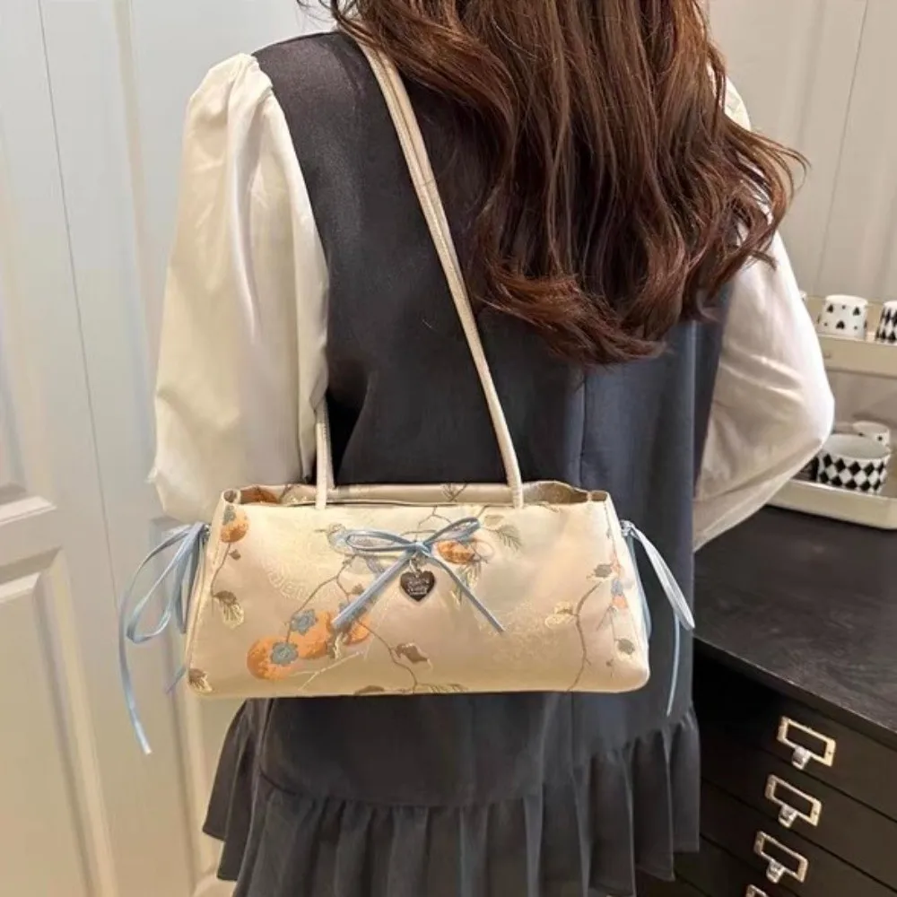 

Sweet Flower French Stick Handbag Chinese Style Cloth Bow Shoulder Bag Large Capacity Texture Underarm Bags Girls