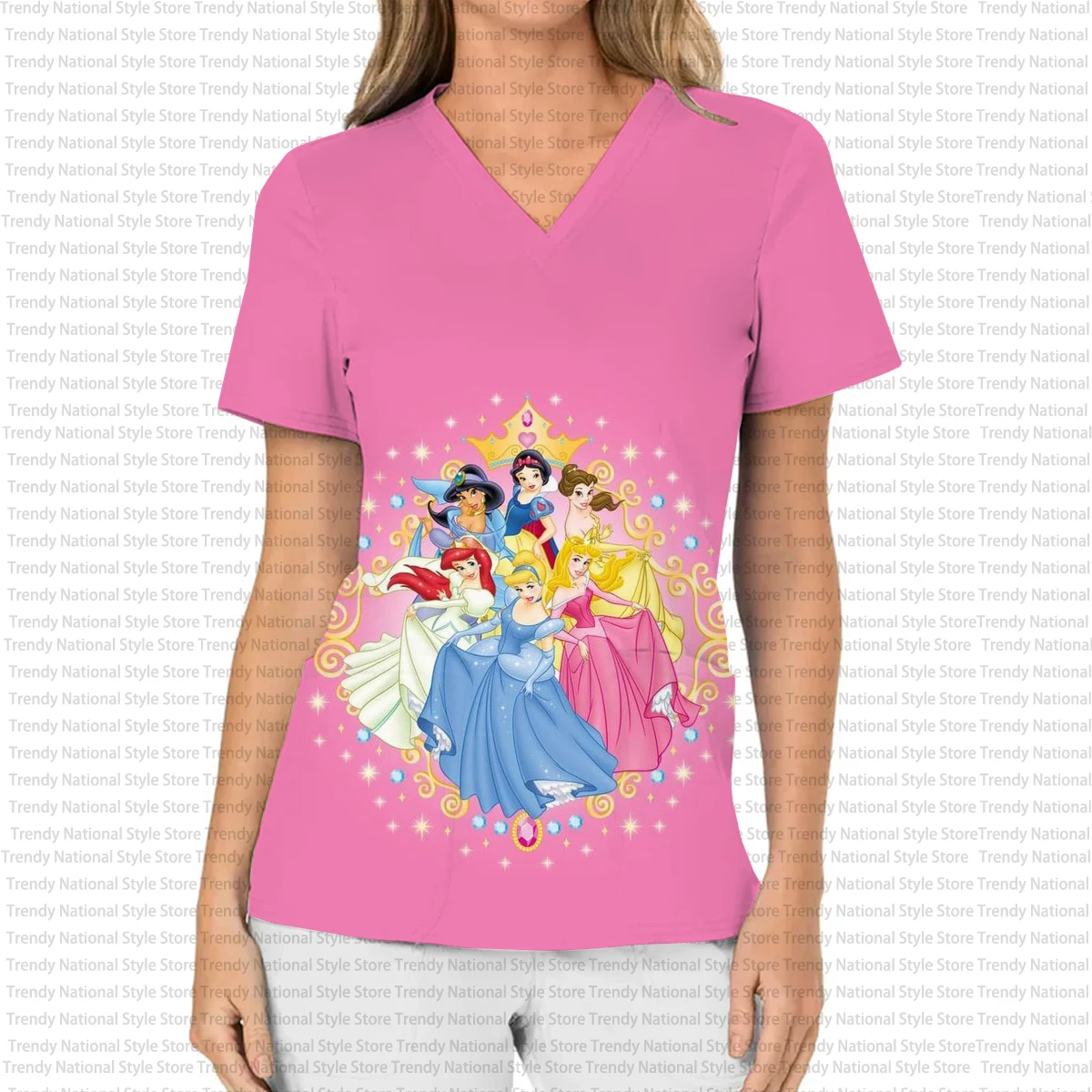 Summer Commuter Outfit Disney Princess Print Women's Nursing Gown V-neck Pocket Frosted Top Hospital Nurse and Caregiver T-shirt