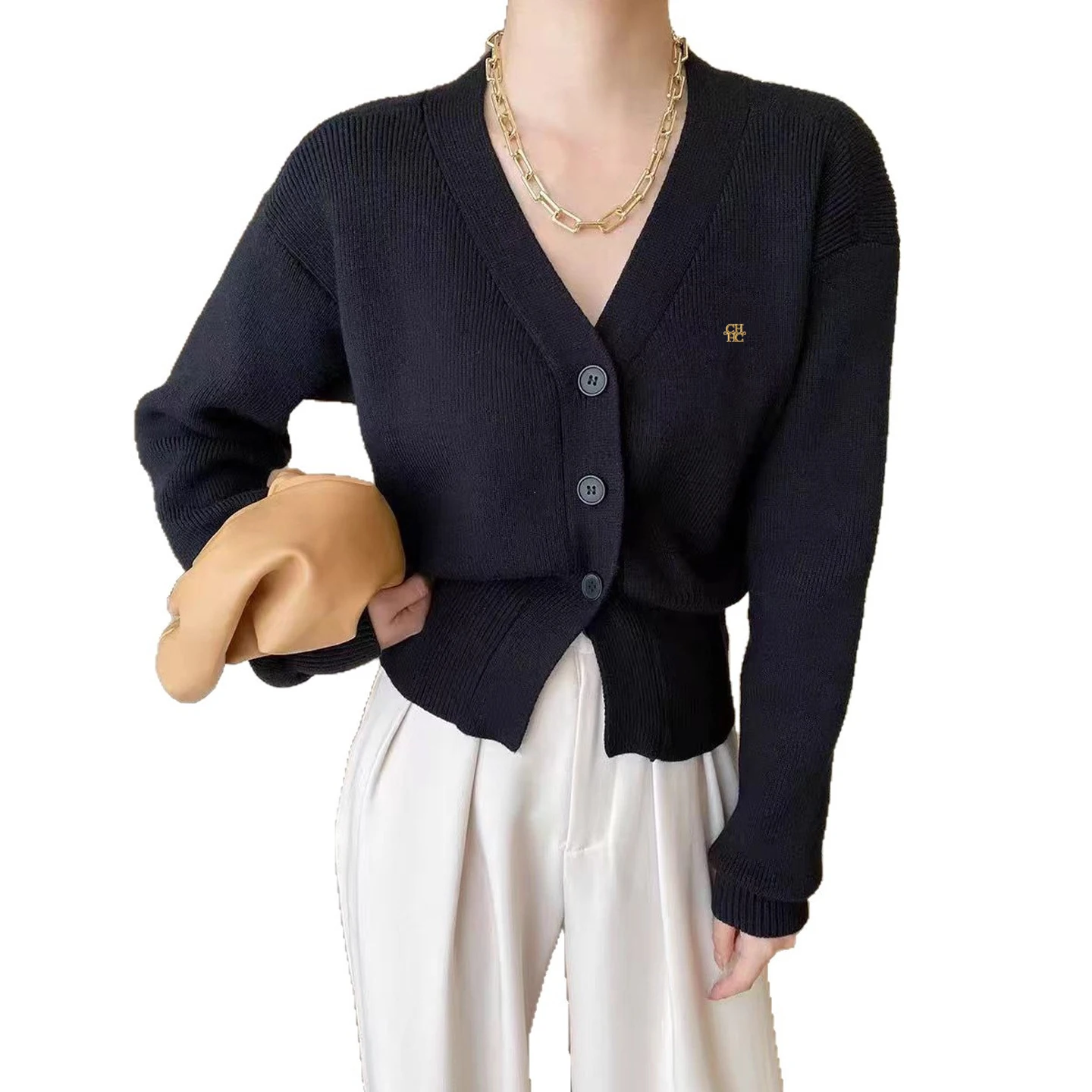 CH Women's White Ribbed Knit Cardigan V Neck Button Up Long Sleeve Slim Fit Cropped Sweater Elegant Casual Fall Outfit
