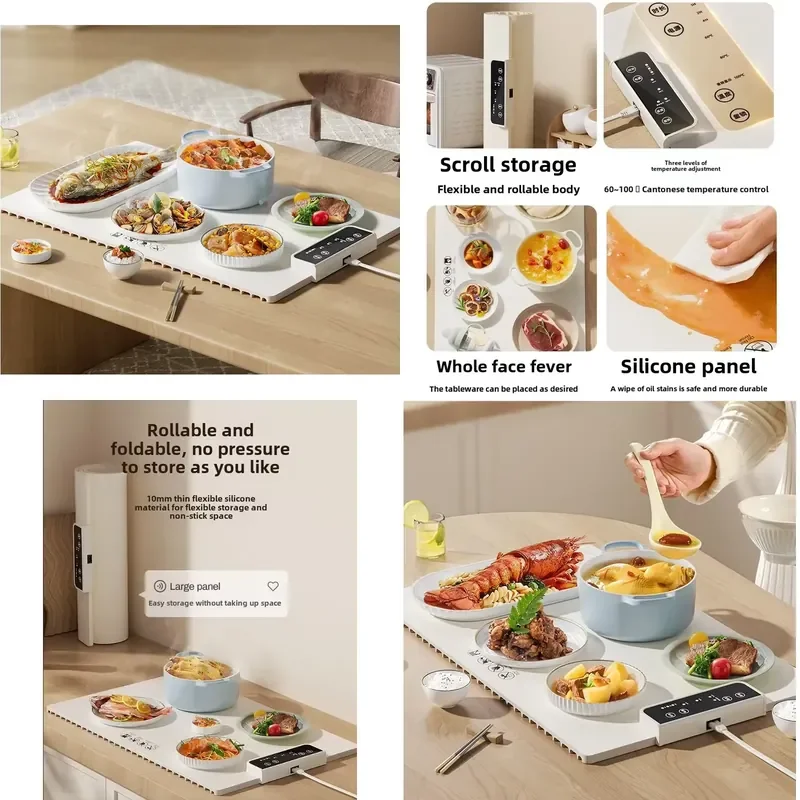 Portable Foldable Electric Food Warmer Plate Smart Fast Heating Mat with 3 Temp Settings for Home Office Keep Warm
