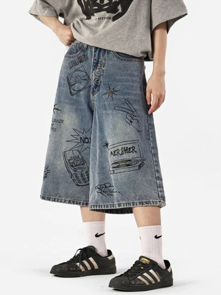 Women Y2k Style Baggy Denim Shorts Wide Leg Short Pants Fashion High Waisted Dark Wash Knee Length Loose Unisex Jeans Casual