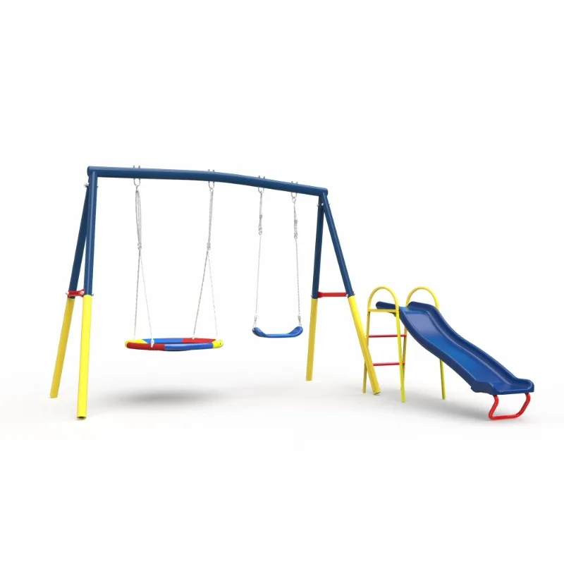 Conjunto de balanço duplo infantil com escorregador, pátio externo, balanço e combinação de slides, brinquedo multiactividade para crianças