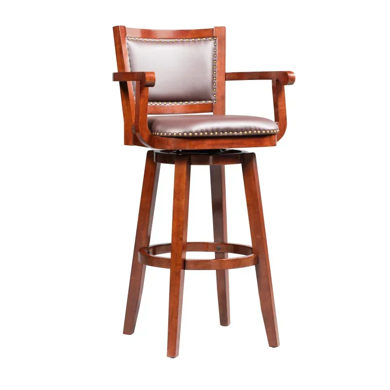 High Back Swivel Wood Bar Stool com braços, acabamento Cappuccino, bancada para cozinha, altura extra de barra alta, 34"