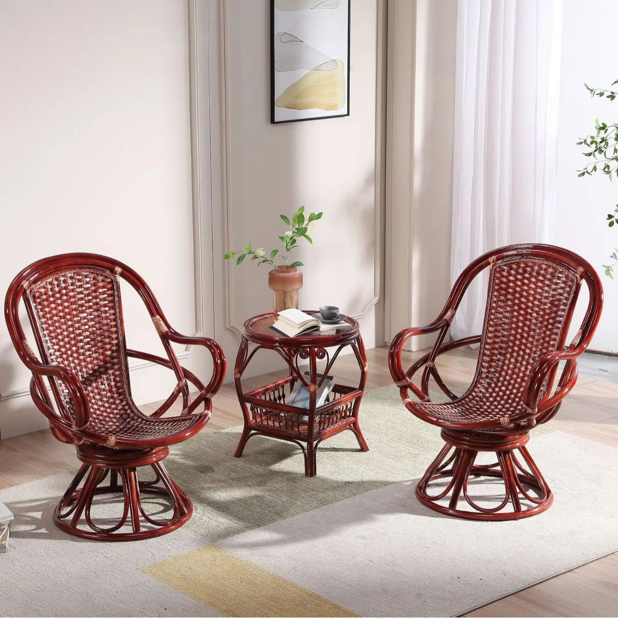 Real rattan chair three-piece balcony casual coffee table small table and chair combination window single backrest rotating ratt