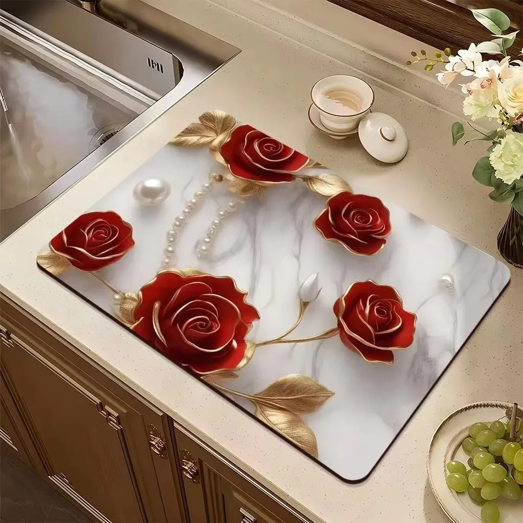 VIKAMA Floral Drain Mat—Water-Absorbent, Non-Slip Mat for Kitchen Sinks, Countertops, Cup Holders, Bars, and Bathroom Vanities