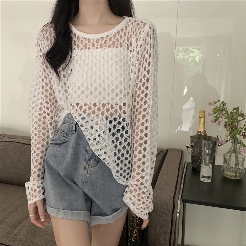 Pullovers Women Hollow Out Loose Fashion Thin Summer Sun-proof Sexy Cool Streetwear Club Girlish Korean Style Casual All-match