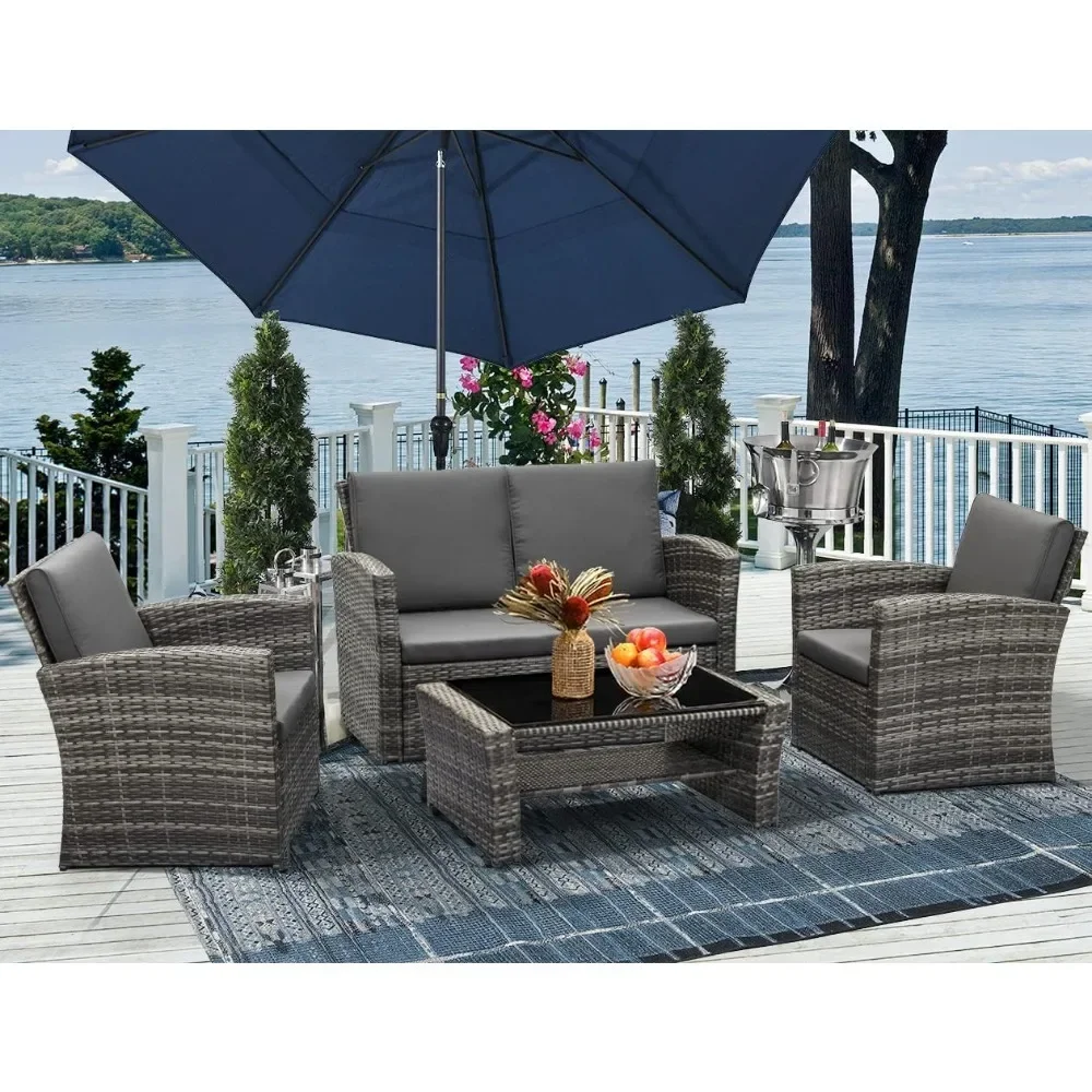 4 Piece Outdoor Patio Furniture Sets,Wicker Rattan Conversation Sofa Set with Table & Chair for Backyard Balcony Garden Poolside