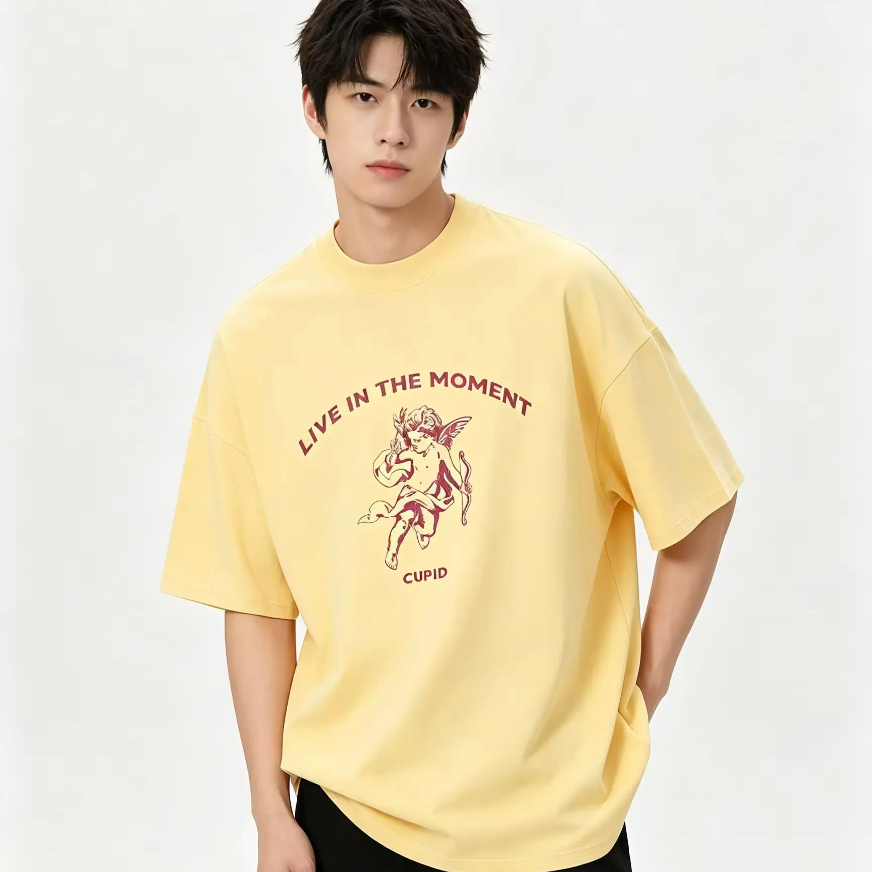 New American Style Cupid Figure Letter Graphic Short Sleeve T‑Shirt Oversized Unisex Streetwear Loose Casual Daily Pullover Top