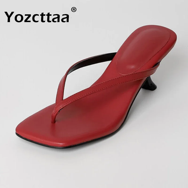 JOZHAMTA Size 33-40 Women Mules Sandals Real Leather Flip Flops Kitten High Heels Summer Shoes Sexy Party Dress Slides Slippers