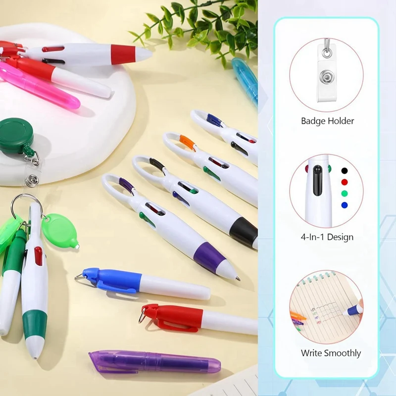 6Pack Badge Reel Pen Retractable Pens Clip With Mini Highlighter Nurse Pens Neon Marker Pen LED Keychain Key Ring