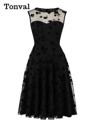 Tonval Floral Flocking Mesh Overlay Elegant High Waist Black Dresses for Women Sleeveless A Line Halloween Party Vintage Dress