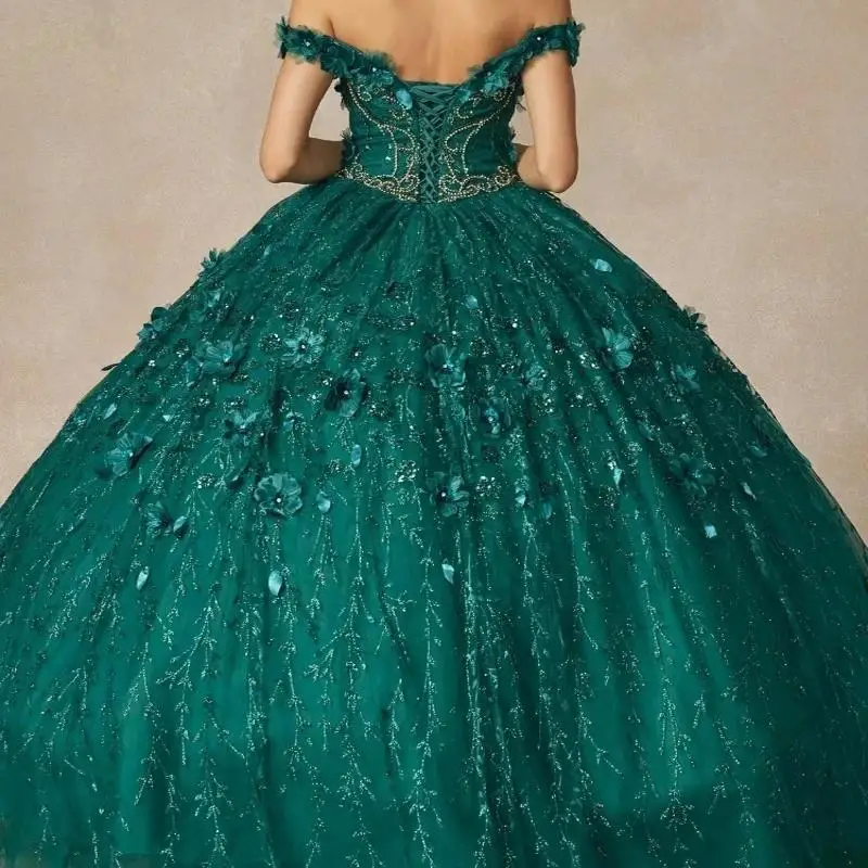 Messicano Vestido De 15 Anos verde smeraldo Abiti Quinceanera Appliques di pizzo perline di fiori corsetto dolce 16 vestito Abiti Da Cerimoni