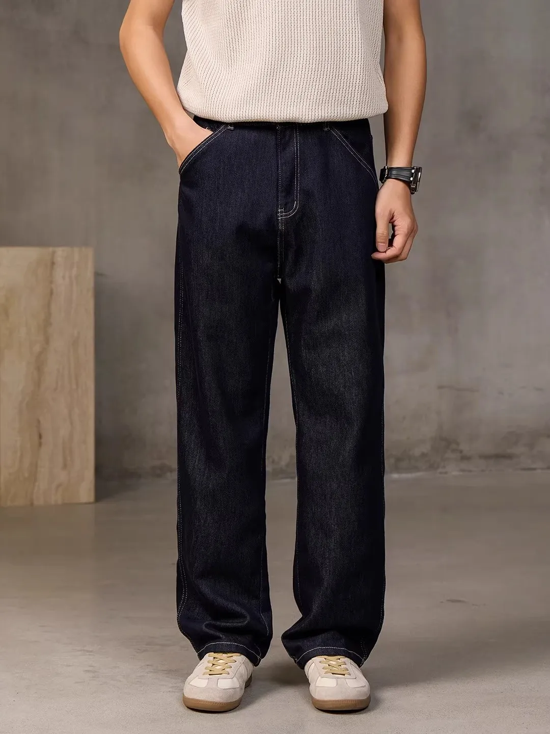 

Retro Large Size Men's Jeans Original Color Waed American Sle Loose Straight Casual Pants Wide Leg Long Trousers