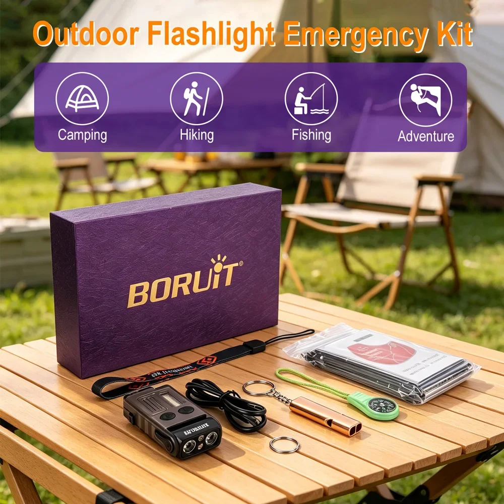 BORUiT V20 1000LM Flashlight Purple Gift Box Set Type‑C Rechargeable Waterproof Multi‑Mode Torch Outdoor Emergency Survival Kit